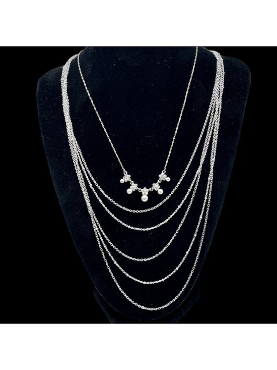 Liz Claiborne Jewelry - Multi Strand Necklace Stack Chain + Faux Pearl Crystal Silver Tone Vtg LC